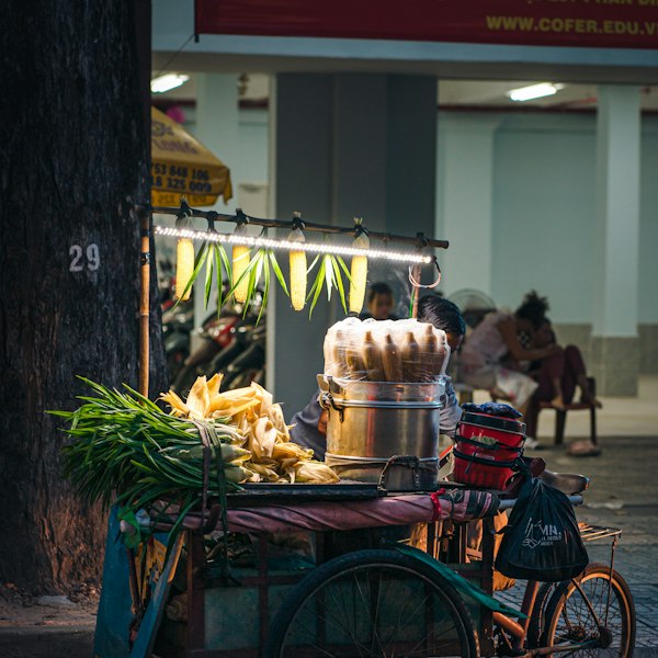 a bicycle with a cart of food on the back of it