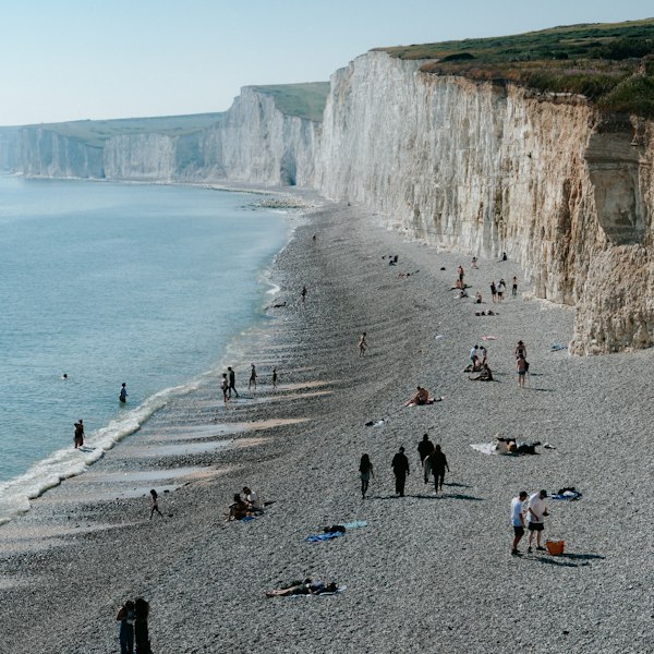 A group of people standing on top of a beach next to the ocean